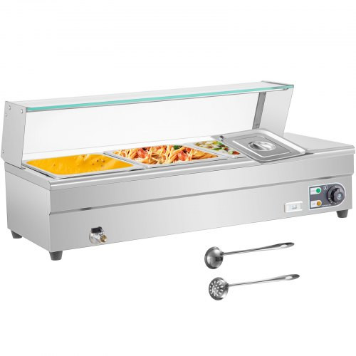 110V Bain Marie Food Warmer 3 Pan x 1/2 GN, Food Grade Stainelss Steel Commercial Food Steam Table 6-Inch Deep, 1500W Electric Countertop Food Warmer 33 Quart with Tempered Glass Shield