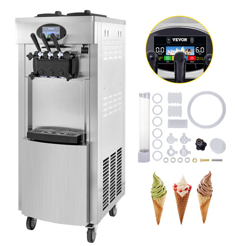 2200W Commercial Soft Ice Cream Machine 3 Flavors 5.3 to 7.4Gallon per Hour PreCooling at Night Auto Clean LCD Panel for Restaurants Snack Bar, Sliver