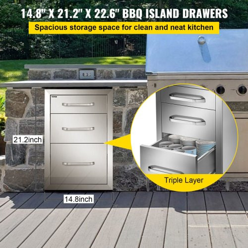 Outdoor Kitchen Drawers 15"W x 21"H x 22.5"D, Flush Mount Triple Access BBQ Drawers Stainless Steel with Handle, BBQ Island Drawers for Outdoor Kitchens or Patio Grill Station