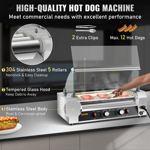 Hot Dog Roller, 12 Hot Dog Capacity 5 Rollers, 750W Stainless Steel Cook Warmer Machine with Cover & Dual Temp Control, LED Light & Detachable Drip Tray, Sausage Grill Cooker for Kitchen Canteen