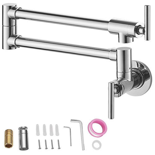 Pot Filler Faucet, Solid Brass Commercial Wall Mount Kitchen Stove Faucet with Gold Brushed Finish, Folding Restaurant Sink Faucet with Double Joint Swing Arm & 2 Handles