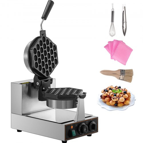 Commercial Bubble Waffle Maker, Hexagonal Mould, 1200W Egg Bubble Puff Iron w/ 360Ã¸Rotatable 2 Pans & Bent Handles, Stainless Steel Baker w/ Non-Stick Teflon Coating, 50-300?/122-572? Adjustable