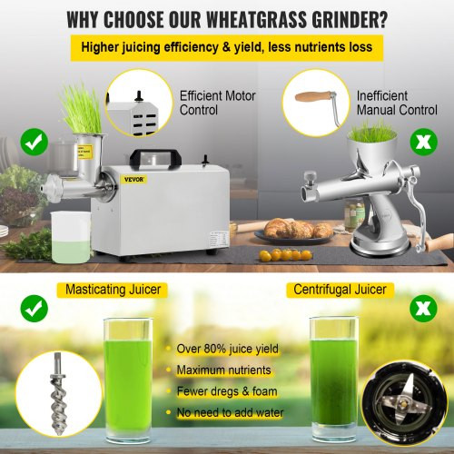 Commercial Wheatgrass Juicing Machine, 80% Juice Yield, Slow Masticating Juicer Extractor with 100W 75RPM Quiet Motor, Stainless Steel Portable Cold Press with Reverse Function Pusher Cup Brush