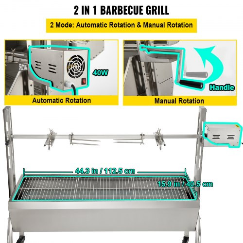 132 LBS Rotisserie Grill Roaster, 40W BBQ Small Pig Lamb Rotisserie Roaster, 50 Inch Stainless Steel Charcoal Spit Rotisserie Roaster Grill for Camping and Outdoor Barbecue