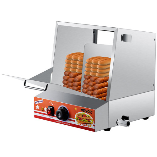 Hot Dog Steamer, 36L/32.69Qt, Classic Hut Steamer for 96 Hot Dogs & 30 Buns, Electric Bun Warmer Cooker with Drop Down Door Acrylic Window Partition Plate Food Clip PTFE Tape, Stainless Steel