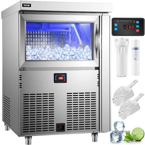 Commercial Ice Maker, 300LB/24H Commercial Ice Machine, Stainless Steel Automatic Ice Maker w/ 100LB Storage, 108 PCs Plate, Brand Compressor, Control Panel, Blue Light, Drain Pipe, Filter Scoop