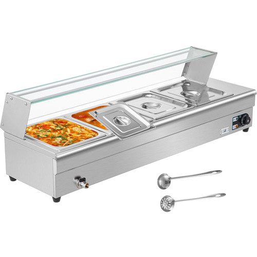 Commercial Food Warmer, 4 x 1/2 Pans, 44 Qt Electric Bain Marie with 6" Deep Pans, Stainless Steel Steam Table with Tempered Glass Shield, 1500W Countertop Buffet Warmer with Lids & Ladles, 110V