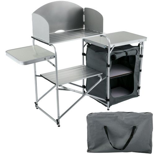 Aluminum Portable Folding Picnic Station with Windshield, Storage Organizer & 4 Adjustable Feet Quick Installation for Outdoor Beach Party Cooking, Gray, Grey