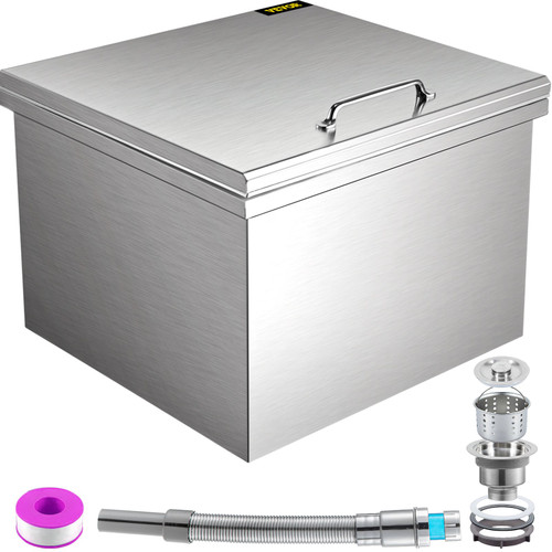 Drop in Ice Chest 28''L x 20''W x 17''H Drop in Cooler Stainless Steel with Hinged Cover Bar Ice Bin 100 qt Drain-pipe and Drain Plug Included for Cold Wine Beer
