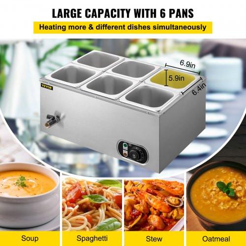 110V Commercial Food Warmer 6x1/6GN, 6-Pan Stainless Steel Bain Marie 12.6 Qt Capacity,1500W Steam Table 15cm/6inch Deep,Temp. Control 86-185, Electric Soup Warmer w/Lids & 2 Ladles