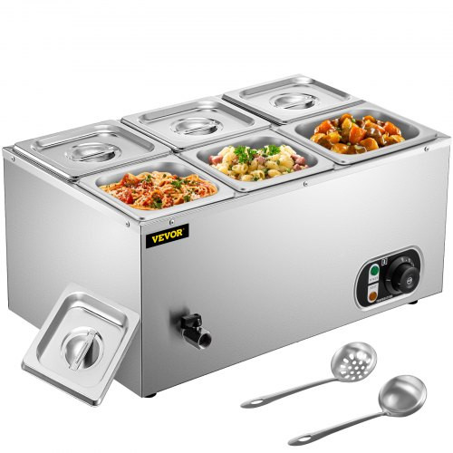 110V Commercial Food Warmer 6x1/6GN, 6-Pan Stainless Steel Bain Marie 12.6 Qt Capacity,1500W Steam Table 15cm/6inch Deep,Temp. Control 86-185, Electric Soup Warmer w/Lids & 2 Ladles