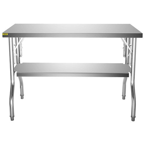 Commercial Worktable Workstation 48x30 Inch Folding Commercial Prep Table, Double-Shelf Stainless Steel Folding Table, Kitchen Work Table with 772 lbs Load Silver Stainless Steel Kitchen Island