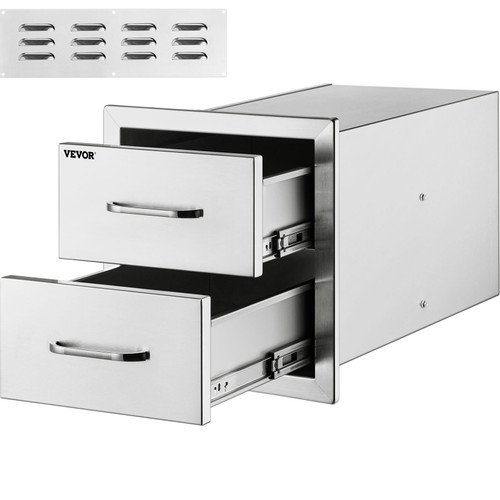 Outdoor Kitchen Drawers 18W x 20.6H x 12.7D Inch, Flush Mount Double BBQ Drawers Stainless Steel with Handle, BBQ Island Drawers for Outdoor Kitchens or Patio Grill Station
