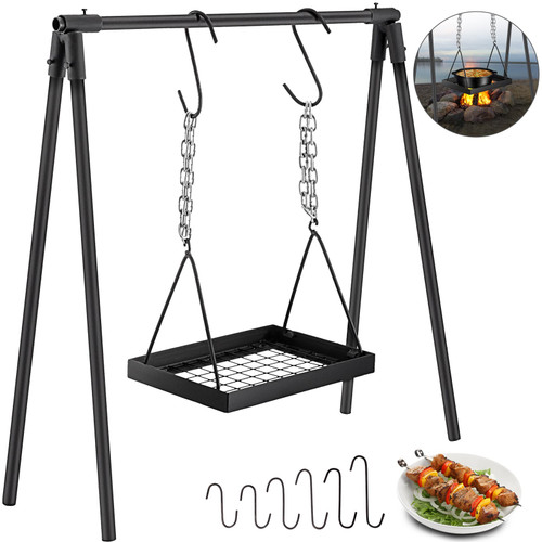 Swing Grill Campfire Cooking Stand, Outdoor Picnic Cookware, Bonfire Party Equipment,Adjustable Heightwith Hooks,Black