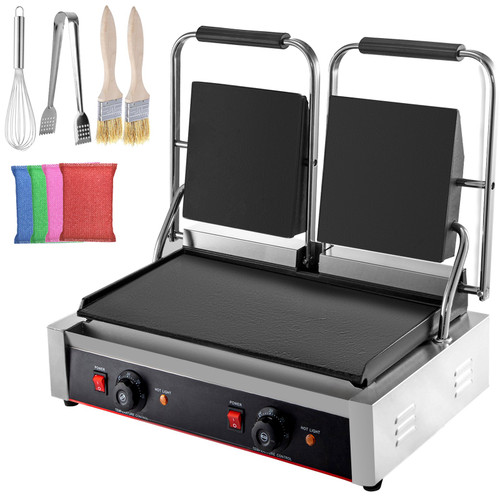 Commercial Sandwich Panini Press Grill, 2X1800W Double Flat Plates Electric Stainless Steel Sandwich Maker, Temperature Control 122øF-572øF Non Stick Surface for Hamburgers Steaks Bacons.