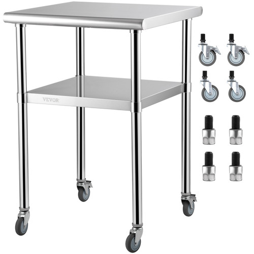 Stainless Steel Prep Table, 24 x 24 x 36 Inch, 600lbs Load Capacity Heavy Duty Metal Worktable with Adjustable Undershelf & Universal Wheels, Commercial Workstation for Kitchen Garage Backyard