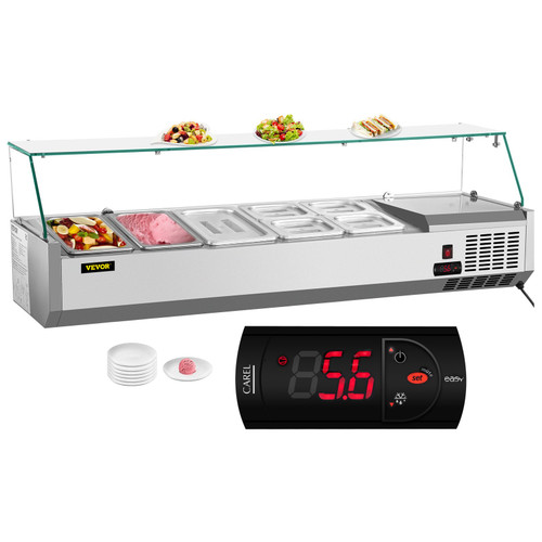Refrigerated Condiment Prep Station, 55-Inch, 13.8Qt Sandwich Prep Table w/ 3 1/3 Pans & 4 1/6 Pans, 150W Salad Bar w/ 304 Stainless Body Tempered Glass Shield Digital Temp Display Auto Defrost
