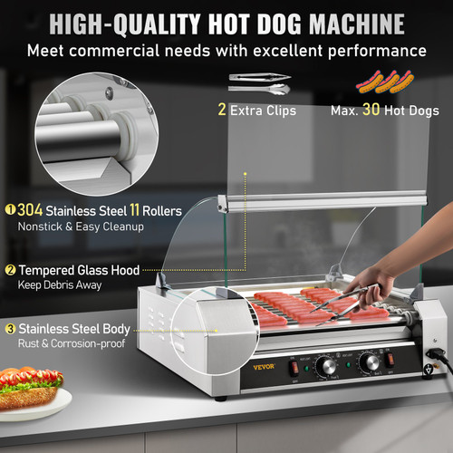 Hot Dog Roller, 30 Hot Dog Capacity 11 Rollers, 1800W Stainless Steel Cook Warmer Machine w/ Cover & Dual Temp Control, LED Light & Detachable Drip Tray, Sausage Grill Cooker for Kitchen Canteen