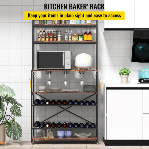 Kitchen Baker's Rack, Coffee Bar, 6-Tier Microwave Oven Stand, Bakers Rack with Adjustable Wine Rack and 6 Side Hooks, Bakers Racks for Kitchens with