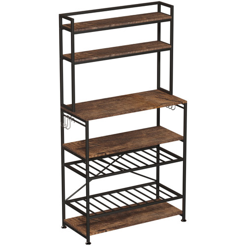 Kitchen Baker's Rack, Coffee Bar, 6-Tier Microwave Oven Stand, Bakers Rack with Adjustable Wine Rack and 6 Side Hooks, Bakers Racks for Kitchens with