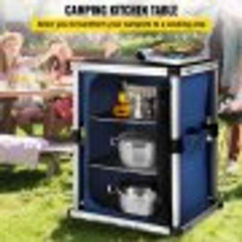 Camping Kitchen Table, Pop-up Aluminum Portable Folding Cook Station w/ 3-Tier Storage Organizer, Side Pocket & Carrying Bag, Quick Installation for Outdoor BBQ Party Backyard & Tailgating, Blue