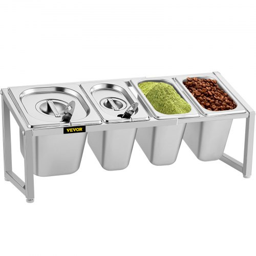 Expandable Spice Rack, 13.8"-23.6" Adjustable, Stainless Steel Organizer Shelf with 3 1/9 Pans 1 1/6 Pan 4 Ladles, Countertop Inclined Holder for Sauce Ingredients Fruits, for Kitchen Pantry Use