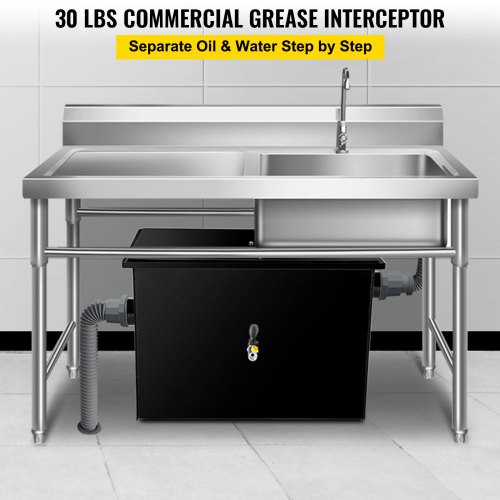 Commercial Grease Interceptor 30 LB, Carbon Steel Grease Trap 15 GPM, Grease Interceptor Trap with Side Water Inlet, Under Sink Grease Trap for Restaurant Canteen Factory Home Kitchen
