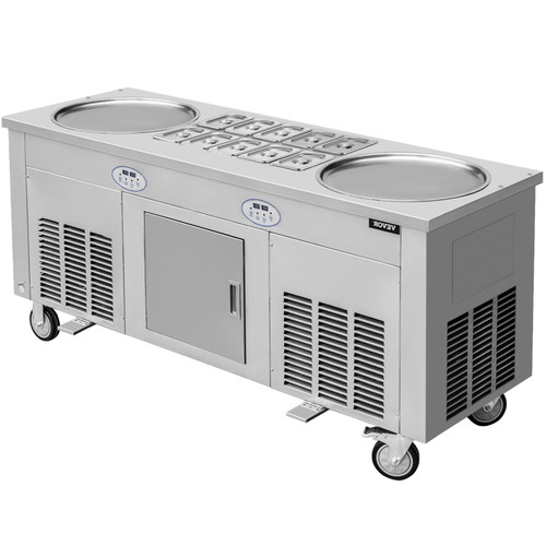 Commercial Rolled Ice Cream Machine, 2800W Stir-Fried Ice Cream Roll Maker 2 Pans, Stainless Ice Cream Roll Machine w/ Refrigerated Cabinet 10 Boxes, Yogurt Cream Maker for Bar Caf Snack Stand