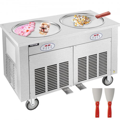 Commercial Rolled Ice Cream Machine, 1800W Stir-Fried Ice Roll Machine Double Pans, Stainless Steel Ice Cream Roll Machine w/ 17.7" Round Pan, Yogurt Cream Machine for Bars CafÂ‚s Dessert Shops