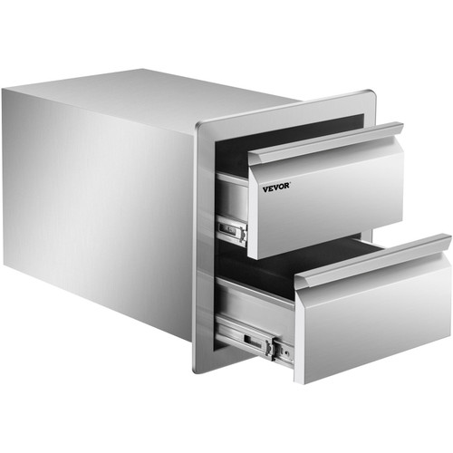 14W x 14.5H x 23D Inch Flush Mount Stainless Steel Double Drawers with Recessed Handles for Outdoor Kitchens or BBQ Island