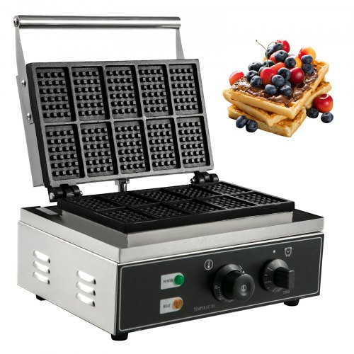 Commercial Rectangle Waffle Maker 10pcs Nonstick Electric Waffle Maker Machine Stainless Steel 110V Temperature and Time Control Heart Waffle Maker Suitable for Restaurant Snack Bar