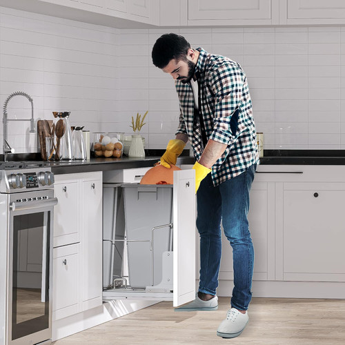 Pull-Out Trash Can, 37Qt Double Bins, Under Mount Kitchen Waste Container with Soft-Close Slides, 44 lbs Load Capacity & Door-Mounted Brackets, Garbage Recycling Bin for Kitchen Cabinet, Grey