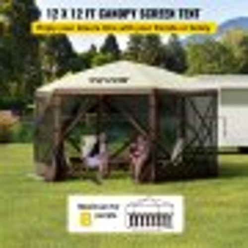 Camping Gazebo Screen Tent, 12*12ft, 6 Sided Pop-up Canopy Shelter Tent with Mesh Windows, Portable Carry Bag, Stakes, Large Shade Tents for Outdoor Camping, Lawn and Backyard, Brown/Beige