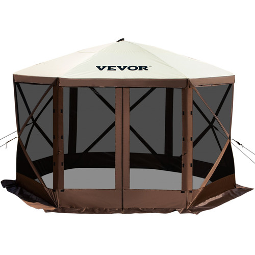 Camping Gazebo Screen Tent, 12*12ft, 6 Sided Pop-up Canopy Shelter Tent with Mesh Windows, Portable Carry Bag, Stakes, Large Shade Tents for Outdoor Camping, Lawn and Backyard, Brown/Beige