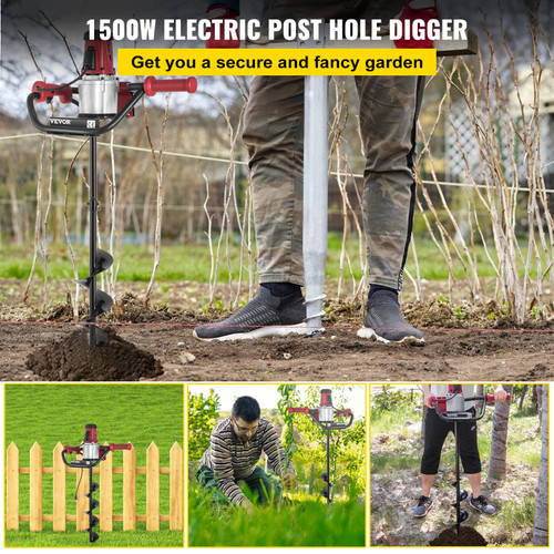 Electric Post Hole Digger, 1500 W 1.6 HP Electric Auger Powerhead w/6" Bit, 39" Drilling Depth, Compatible with Earth Auger bit or Ice Bit, for Post Hole Digging, Drilling, Tree Planting