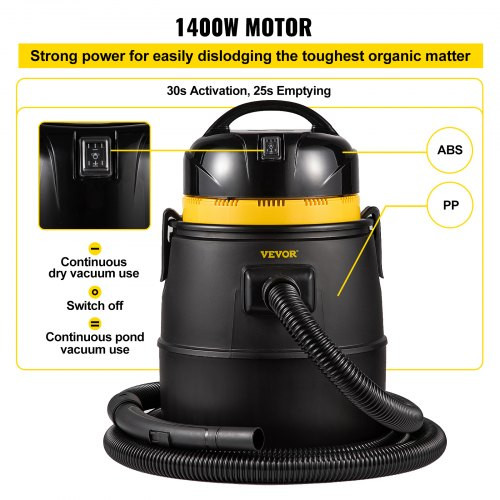 Pond Vacuum Cleaner, 1400W Motor in Continuous Intermittent Cycle, 120V Motor w/15 ft Electric Wire, 4 Brush Heads, 4 Extended Tubes, 1 Filter Bag for Multi-use Cleaning Above Ground