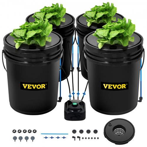 DWC Hydroponic System, 5 Gallon 4 Buckets, Deep Water Culture Growing Bucket, Hydroponics Grow Kit with Pump, Air Stone and Water Level Device, for Indoor/Outdoor Leafy Vegetables