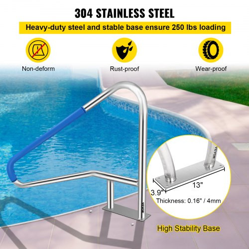 Pool Rail 55x32 Pool Railing 304 Stainless Steel 250LBS Load Capacity Silver Rustproof Pool Handrail Humanized Swimming Pool Handrail with Blue Grip Cover & M8 Drill Bit & Self-Taping Screws