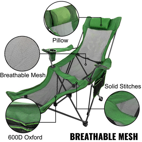 Folding Camp Chair with Footrest Mesh, Lounge Chair with Cup Holder and Storage Bag, Reclining Folding Camp Chair for Camping Fishing and Other