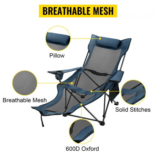 Folding Camp Chair with Footrest Mesh, Portable Lounge Chair with Cup Holder and Storage Bag, for Camping Fishing and Other Outdoor Activities (Blue)