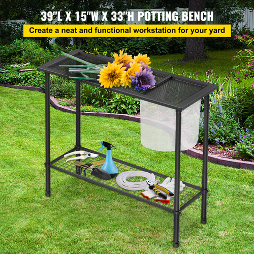Potting Bench, 39" L x 15" W x 33" H, Steel Outdoor Workstation with Rubber Feet & Mesh Bag, Multi-use Double Layers Gardening Table for Greenhouse, Patio, Porch, Backyard, Black
