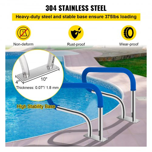 Pool Handrail, 32 x 22.5 Swimming Pool Stair Rail, 304 Stainless Steel Stair Pool Hand Rail Rated 375lbs Load Capacity, Pool Rail with Quick Mount Base Plate, and Complete Mounting Accessories
