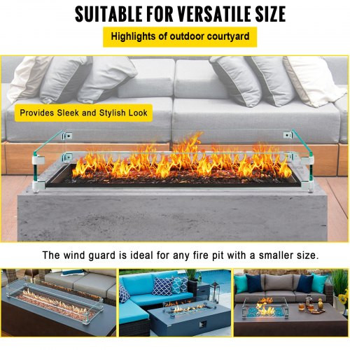 Fire Pit Wind Guard, 29 x 13 x 6 Inch Glass Wind Guard, Rectangular Glass Shield, 0.3" Thick Fire Table, Clear Tempered Glass Flame Guard, Steady Feet Tree Pit Guard for Propane, Gas, Outdoor