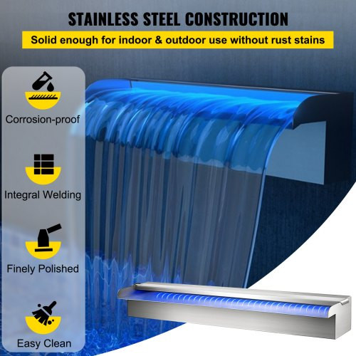 Pool Fountain Stainless Steel, Pool Waterfall 23.6" x 4.5" x 3.1"(W x D x H) with LED Strip Light, Waterfall Spillway Rectangular Garden Outdoor