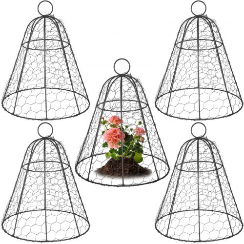 Chicken Wire Cloche, 5 Packs 13" Diameter x 15.7" Height, Plant Protector and Cover with Zip Ties & Staples, Sturdy Metal Cage Garden Protection from Animals, No Assembly Required, Black