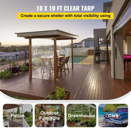 Clear Vinyl Tarp, 10 x 10 ft 20 Mil Thick, Heavy-Duty Waterproof Patio Enclosure, Tear and Weather Proof Transparent PVC Tarpaulin, with Brass Grommets and Reinforced Edges for Outdoor Cover