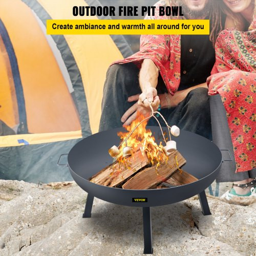 Fire Pit Bowl, 34-Inch Diameter Round Carbon Steel Fire Bowl, Wood Burning for Outdoor Patios, Backyards & Camping Uses, with A Drain Hole, Portable Handles and A Firewood Stick, Black
