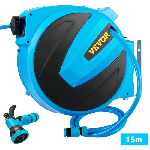 Retractable Hose Reel, 5/8 inch x 50 ft, Any Length Lock & Automatic Rewind Water Hose, Wall Mounted Garden Hose Reel w/ 180ø Swivel Bracket and 7 Pattern Hose Nozzle, Blue