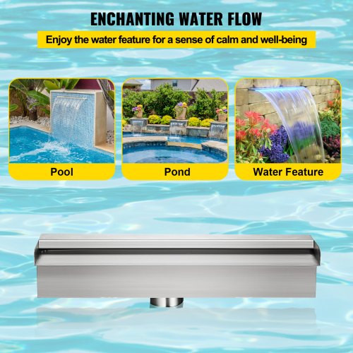 Pool Fountain Stainless Steel Pool Waterfall 11.8" x 4.5" x 3.1"(W x D x H) with LED Strip Light Waterfall Spillway with Pipe Connector Rectangular Garden Outdoor