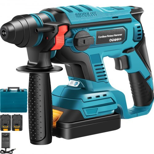 SDS-Plus Heavy Duty Rotary Hammer Drill, 900 rpm & 4500 bpm Variable Speed Electric Hammer, 4 Functions Cordless Drill w/ LED Light & Ruler, 360ø Rotary Handle 18V Batteriesx2 Demolition Hammer